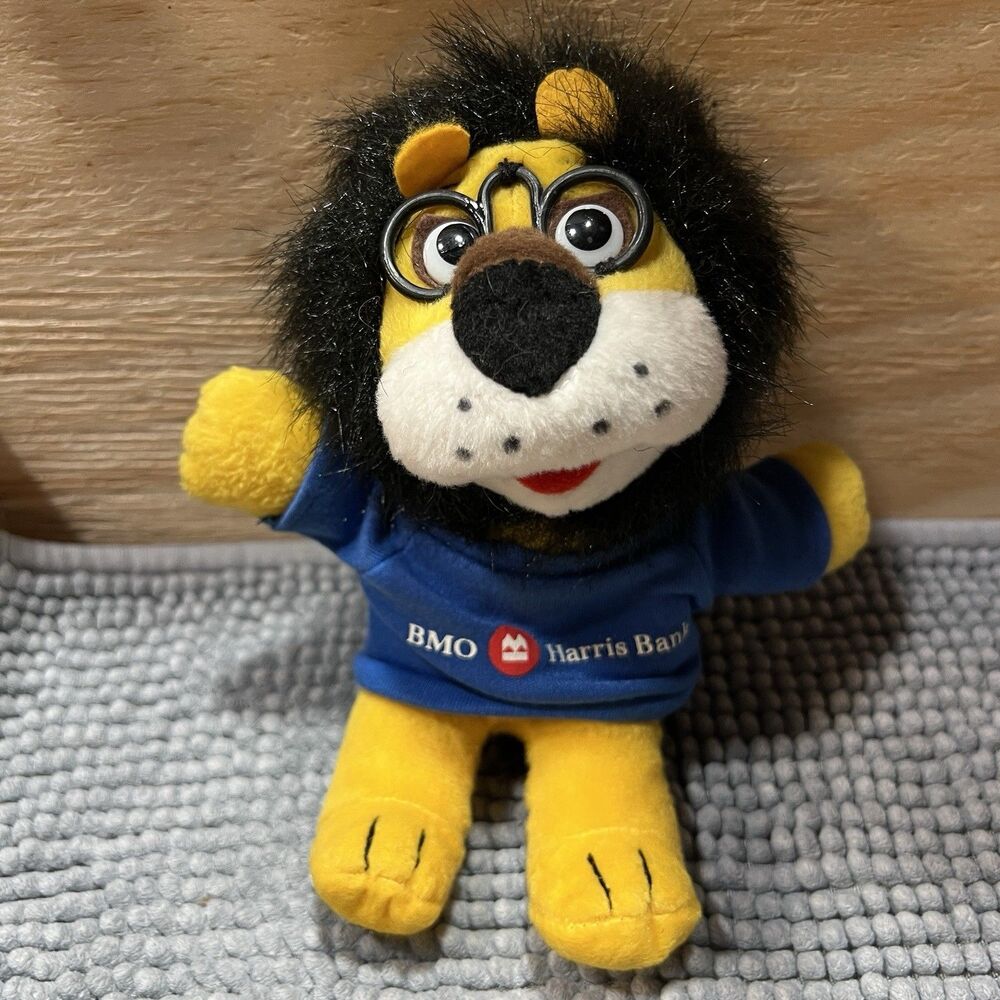 BMO Harris Bank "Hubert the Lion" Mascot Plush Toy - Rare Blue Shirt Edition 8"